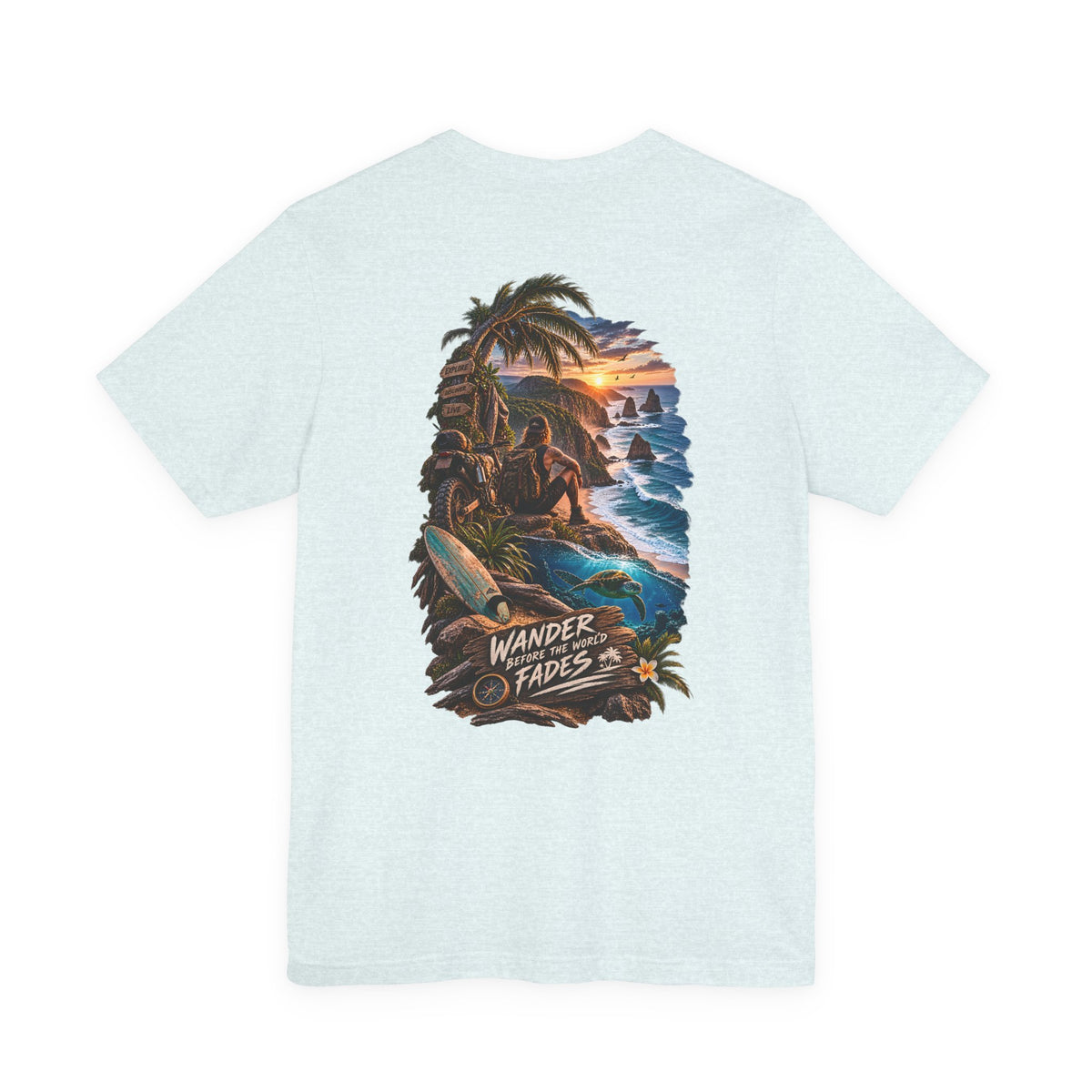 T-Shirt — "Wander Never Fades" Surf Sunset Graphic Tee