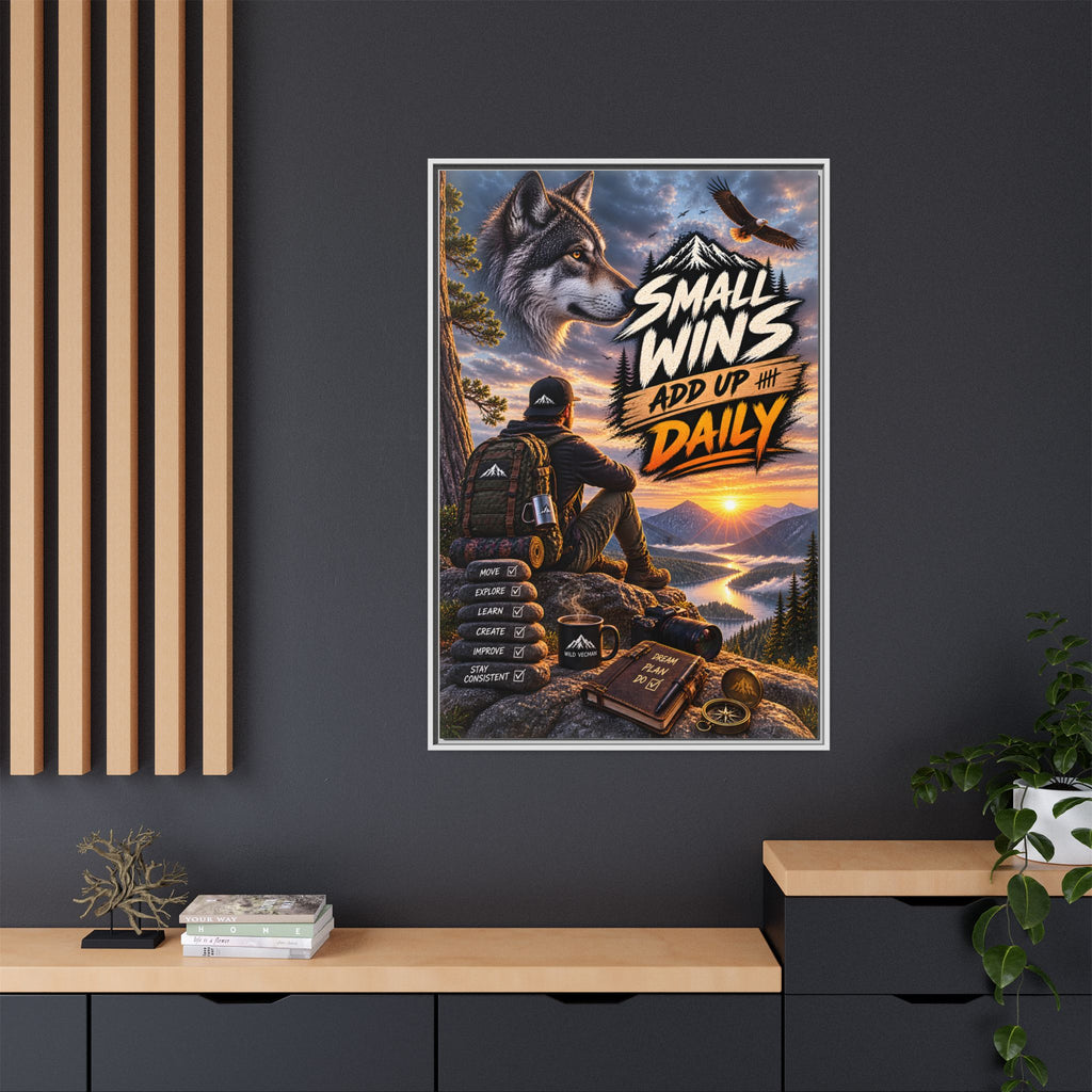 Small Wins Add Up Daily Framed Canvas Wall Art — Motivational Hiking Print