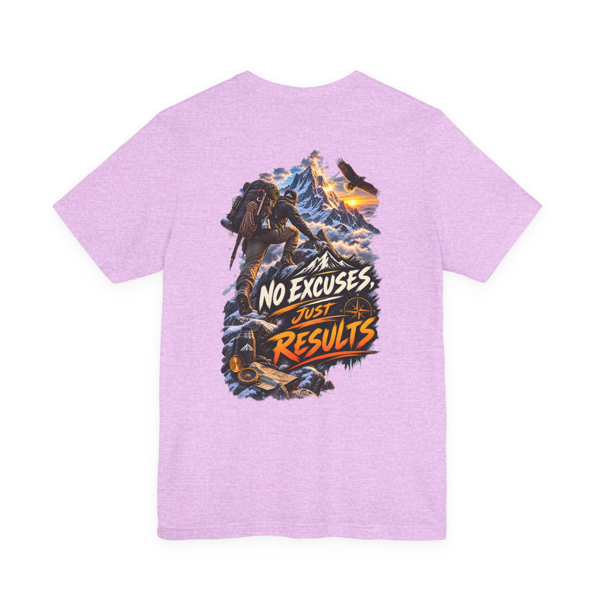 Motivational Climbing T-Shirt — "No Excuses, Just Results" Back Graphic