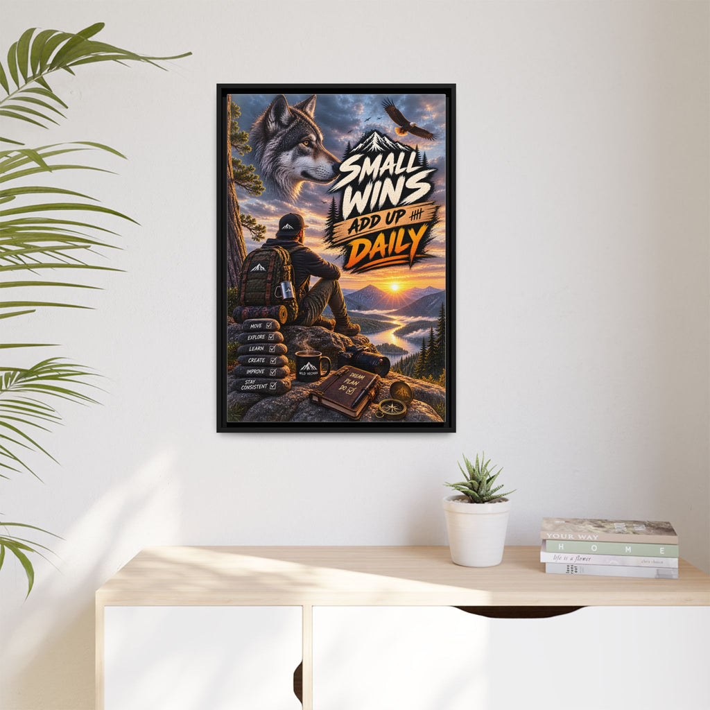 Small Wins Add Up Daily Framed Canvas Wall Art — Motivational Hiking Print