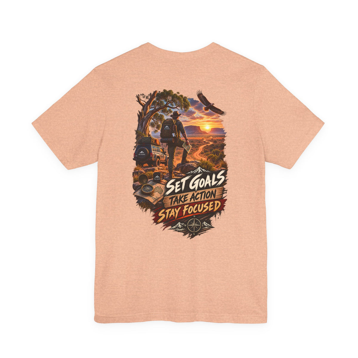 Motivational Hiking T‑Shirt — "Set Goals, Take Action, Stay Focused" Back Graphic