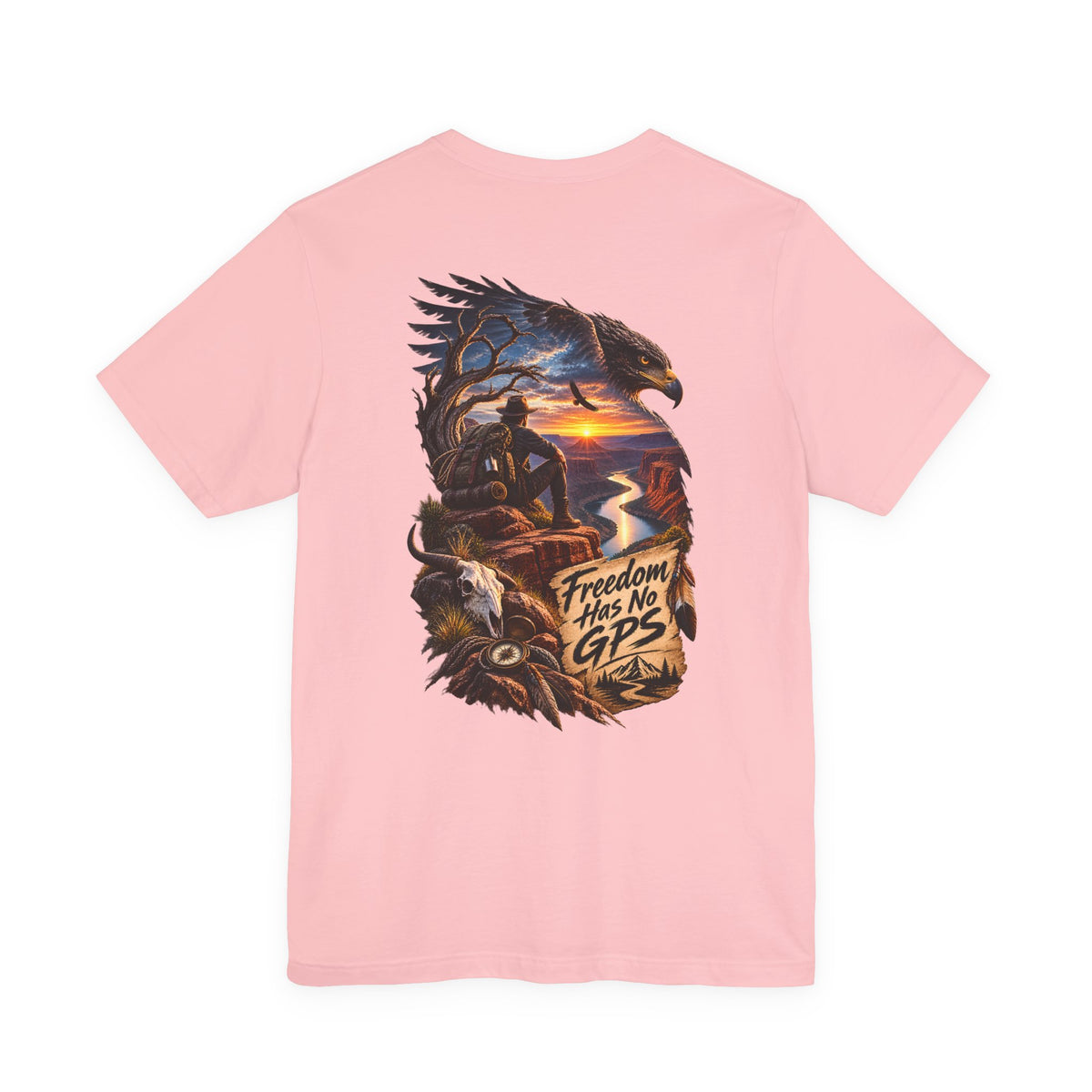 Freedom Has No GPS T‑Shirt — Patriotic Eagle Sunset Vintage Tee