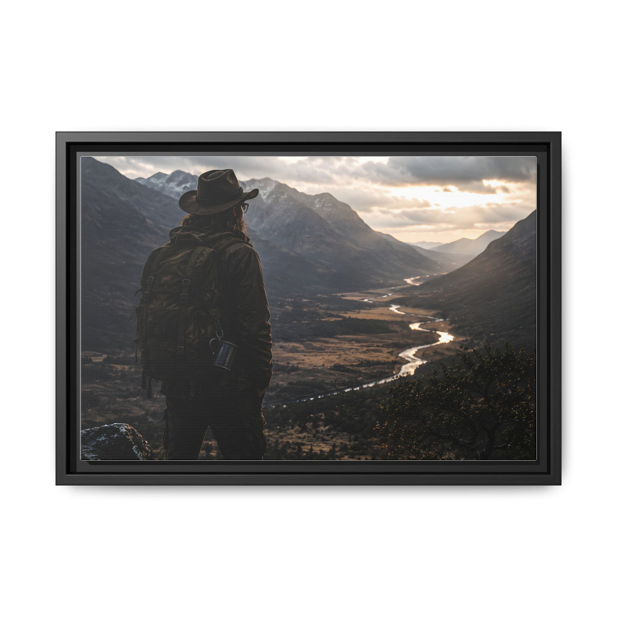 Wanderer in the Valley Matte Framed Canvas – Adventure Landscape Wall Art