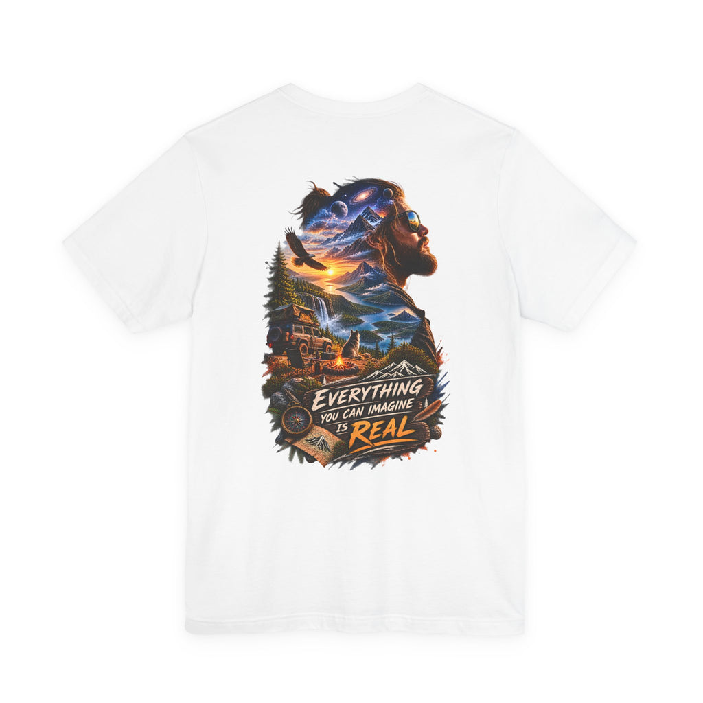 T-shirt graphique « Everything You Can Imagine Is Real » — Imprimé au dos nature et aventure surréalistes