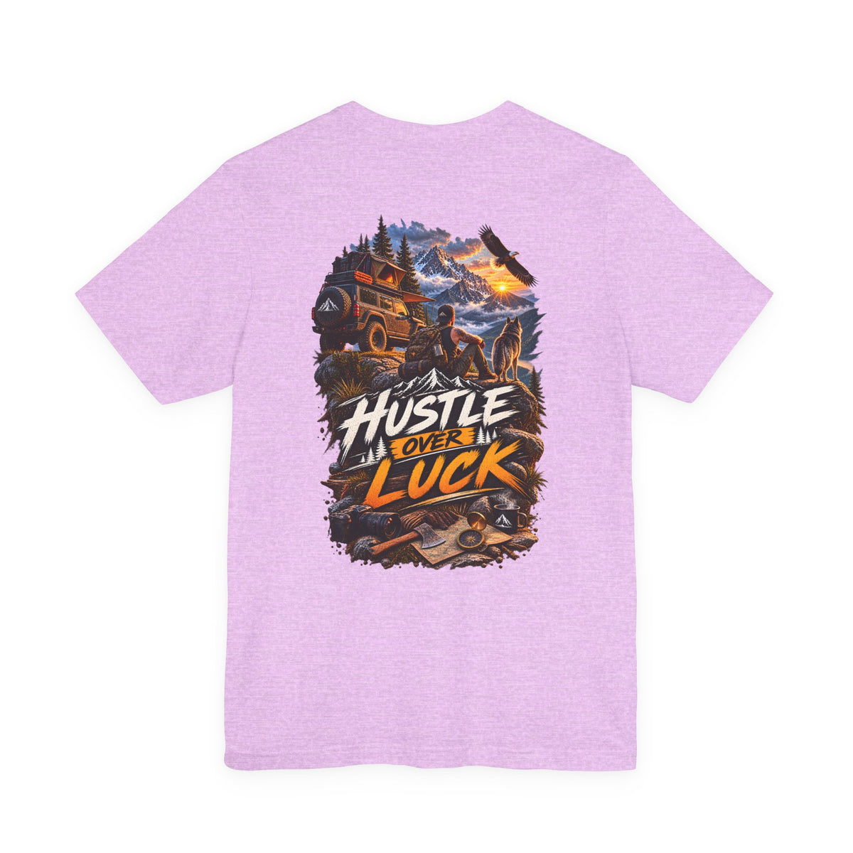 Hustle Over Luck Graphic Tee — Adventure Motivation Mountain T-Shirt