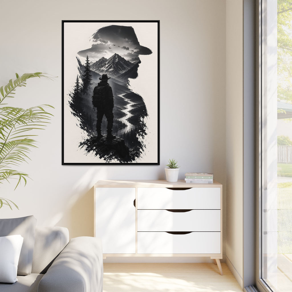 Adventure Silhouette Matte Canvas Framed Print — Mountain Hiker Double Exposure Wall Art