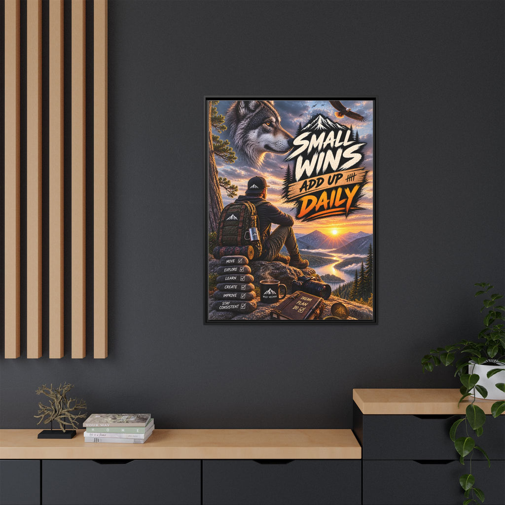 Small Wins Add Up Daily Framed Canvas Wall Art — Motivational Hiking Print