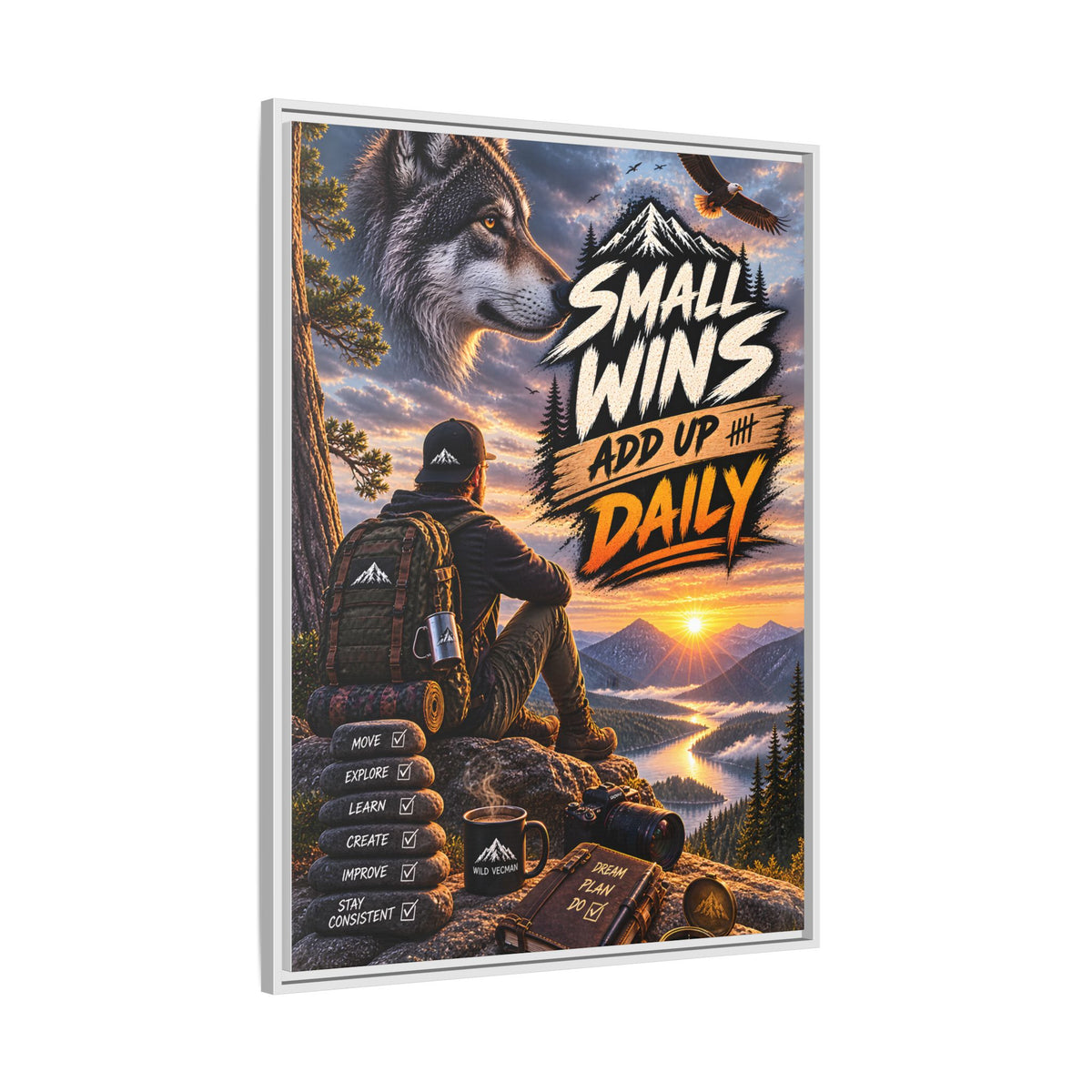 Small Wins Add Up Daily Framed Canvas Wall Art — Motivational Hiking Print
