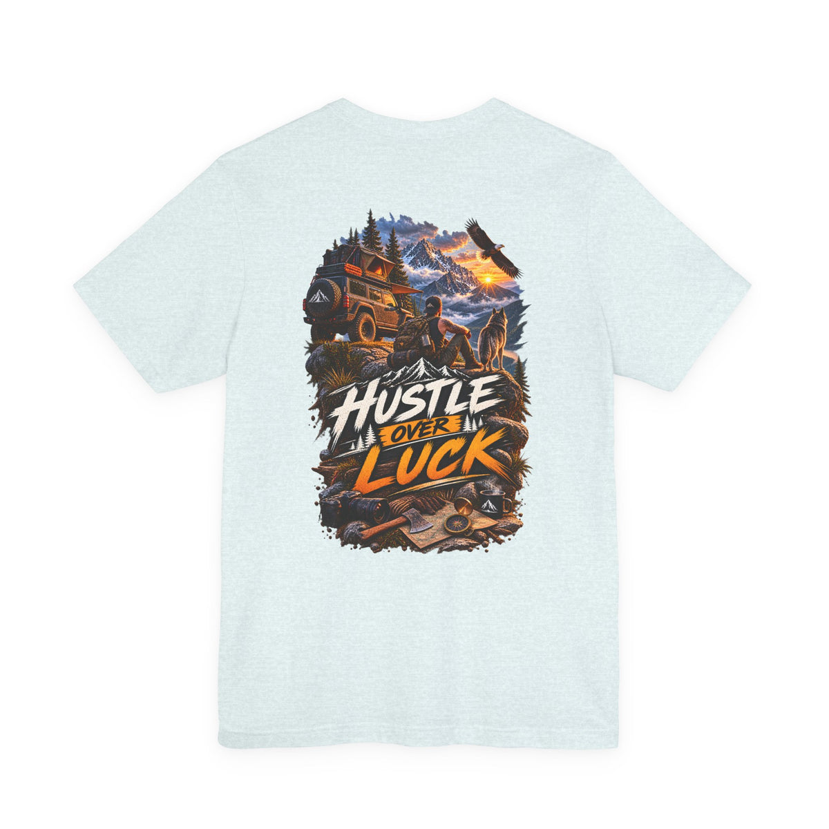 Hustle Over Luck Graphic Tee — Adventure Motivation Mountain T-Shirt