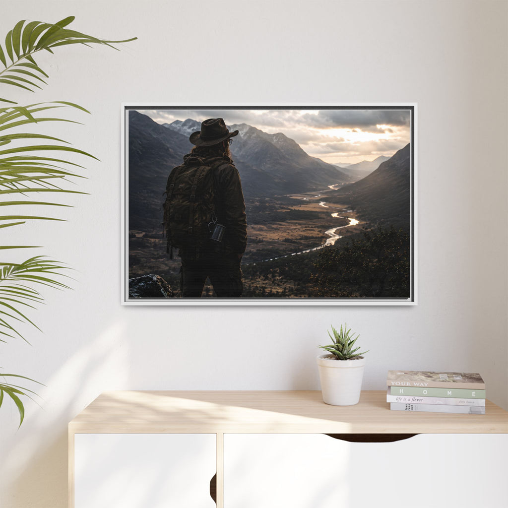 Wanderer in the Valley Matte Framed Canvas – Adventure Landscape Wall Art