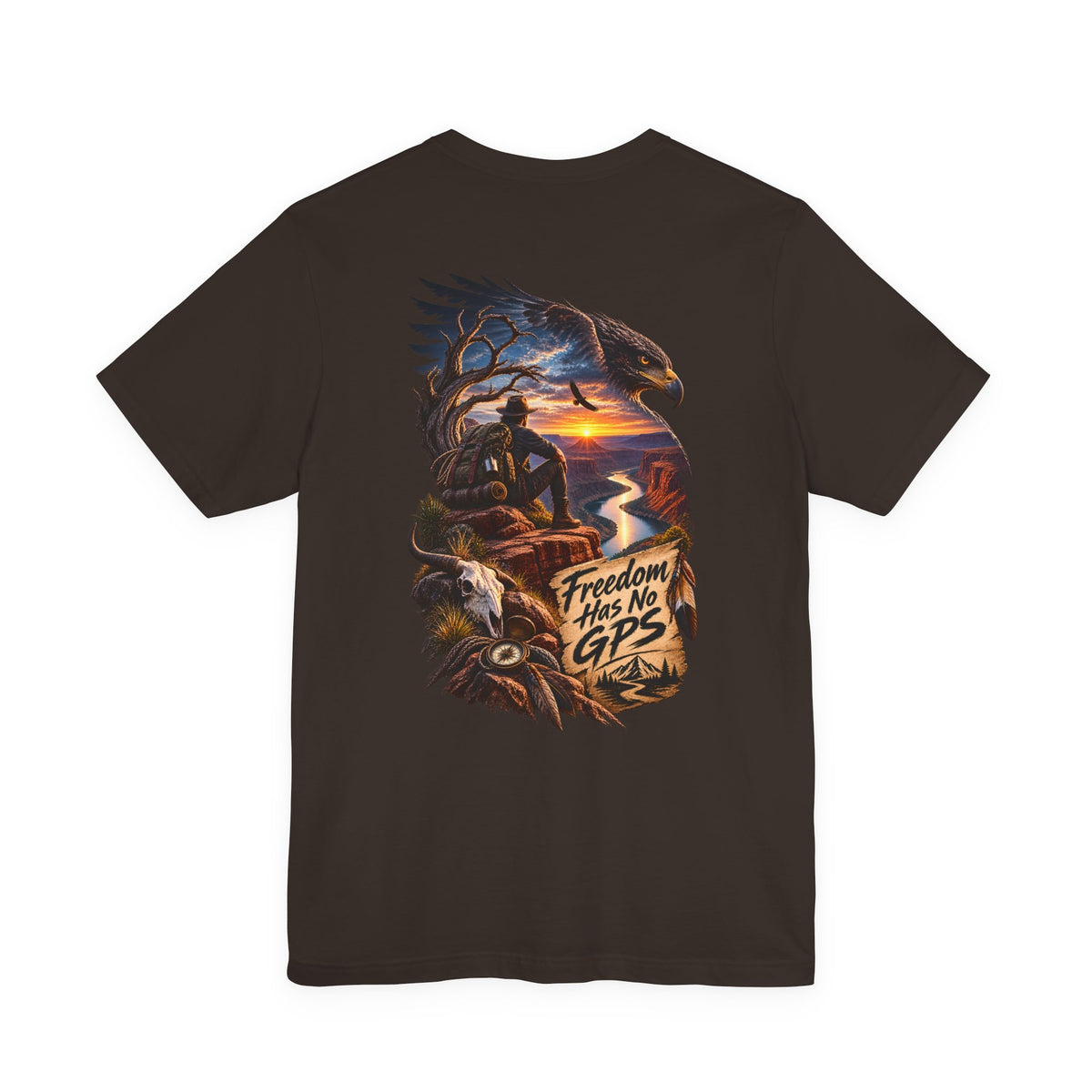 Freedom Has No GPS T‑Shirt — Patriotic Eagle Sunset Vintage Tee