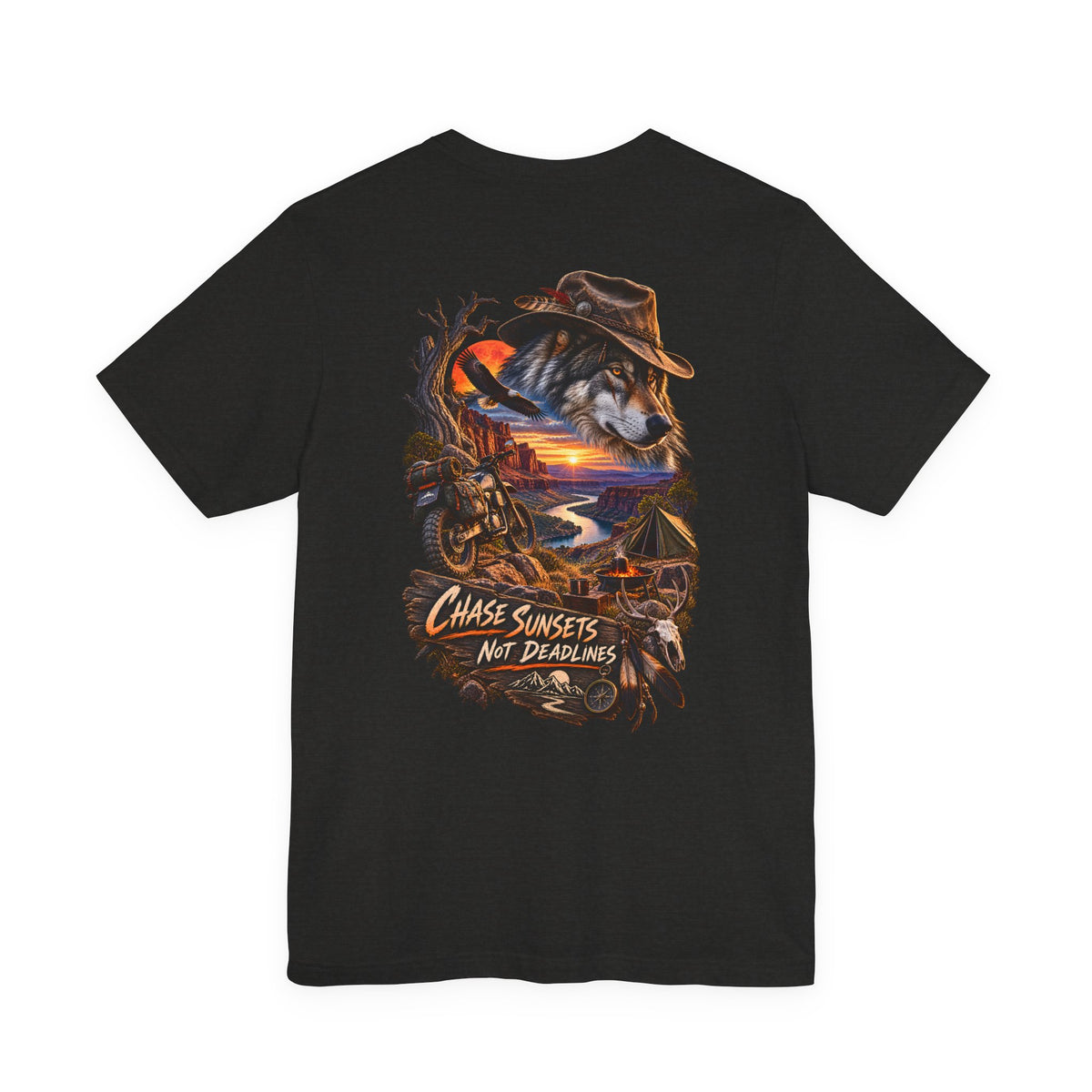Chase Sunsets Graphic Tee — Motorcycle Sunset Rider Back Print