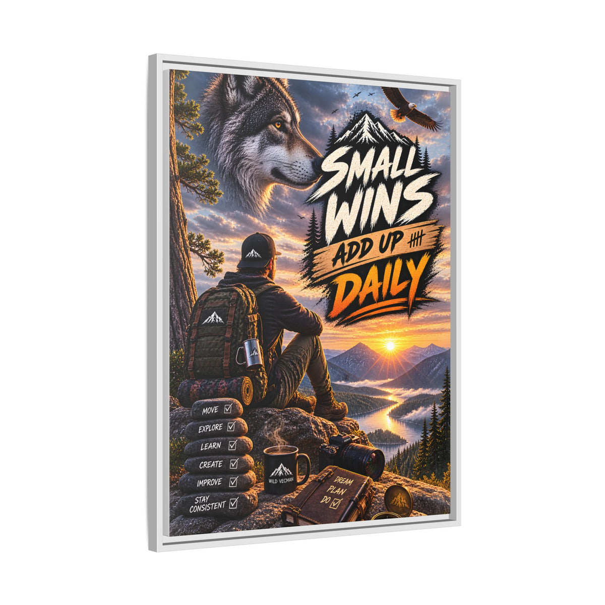 Small Wins Add Up Daily Framed Canvas Wall Art — Motivational Hiking Print