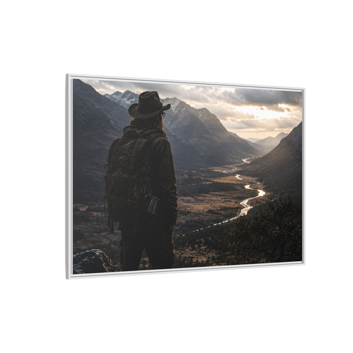 Wanderer in the Valley Matte Framed Canvas – Adventure Landscape Wall Art