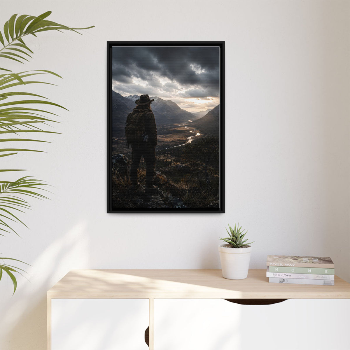 Wanderer in the Valley Matte Framed Canvas – Adventure Landscape Wall Art
