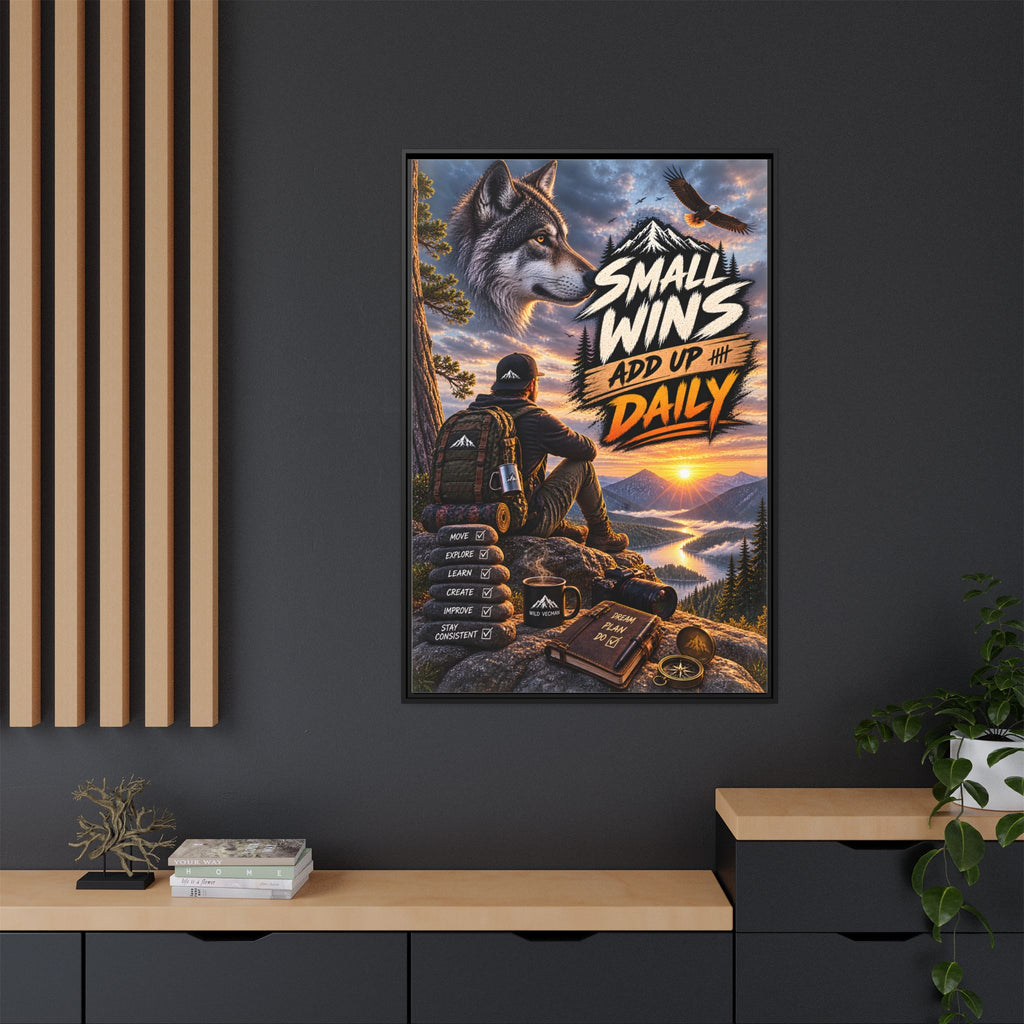 Small Wins Add Up Daily Framed Canvas Wall Art — Motivational Hiking Print
