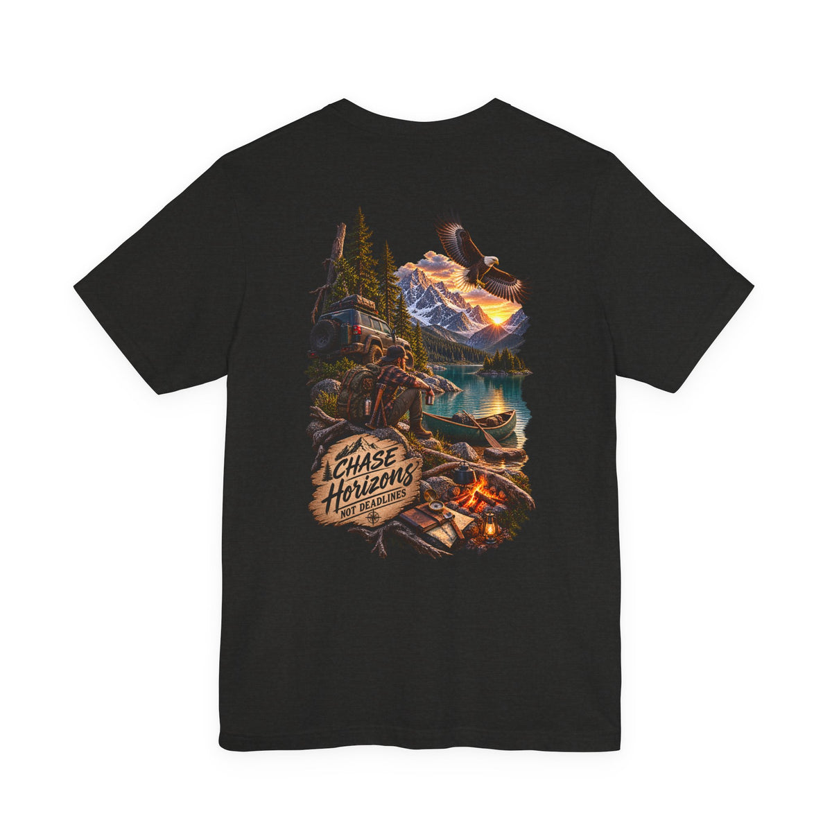 Adventure Graphic Tee — "Chase New Horizons" Mountain & Eagle Back Print