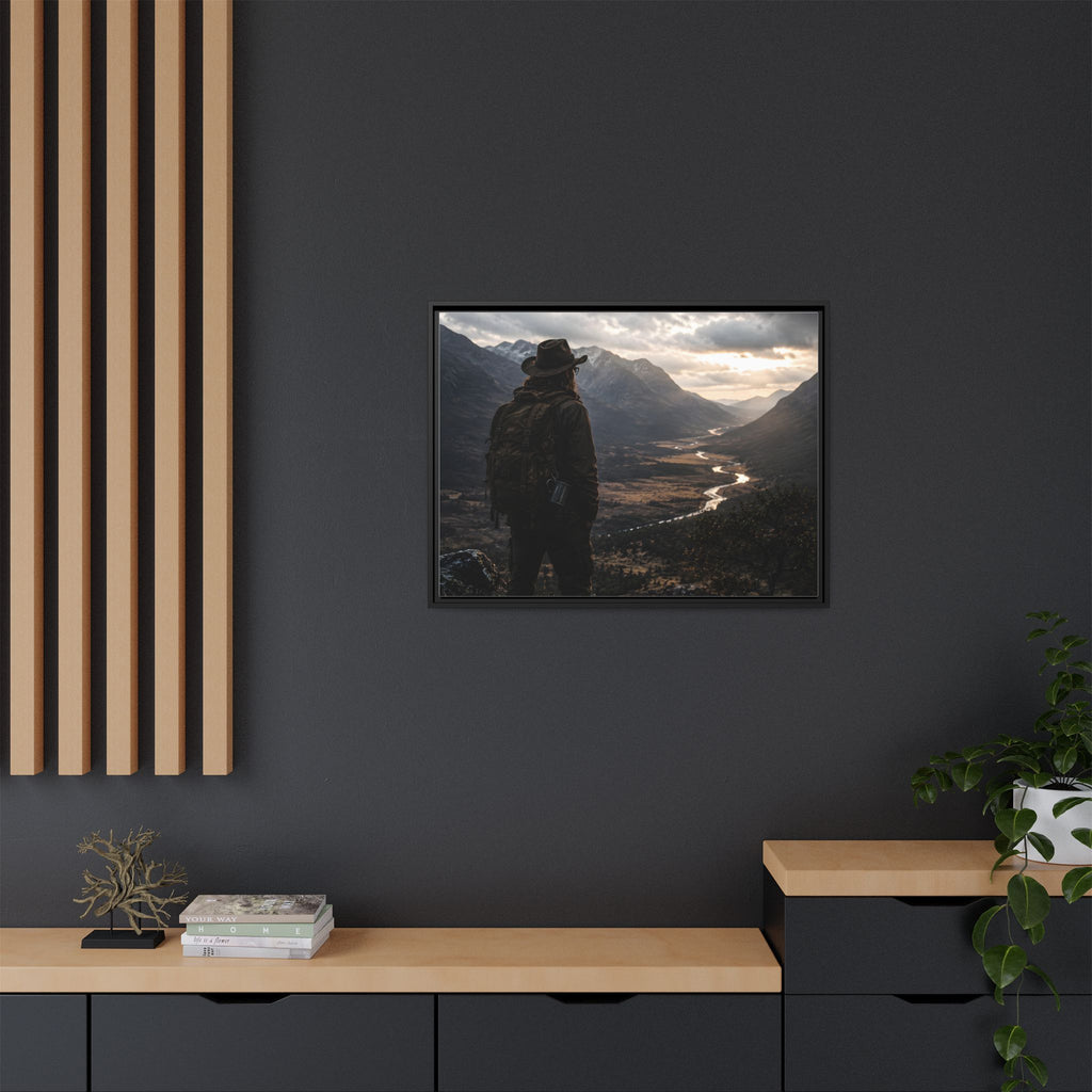 Wanderer in the Valley Matte Framed Canvas – Adventure Landscape Wall Art