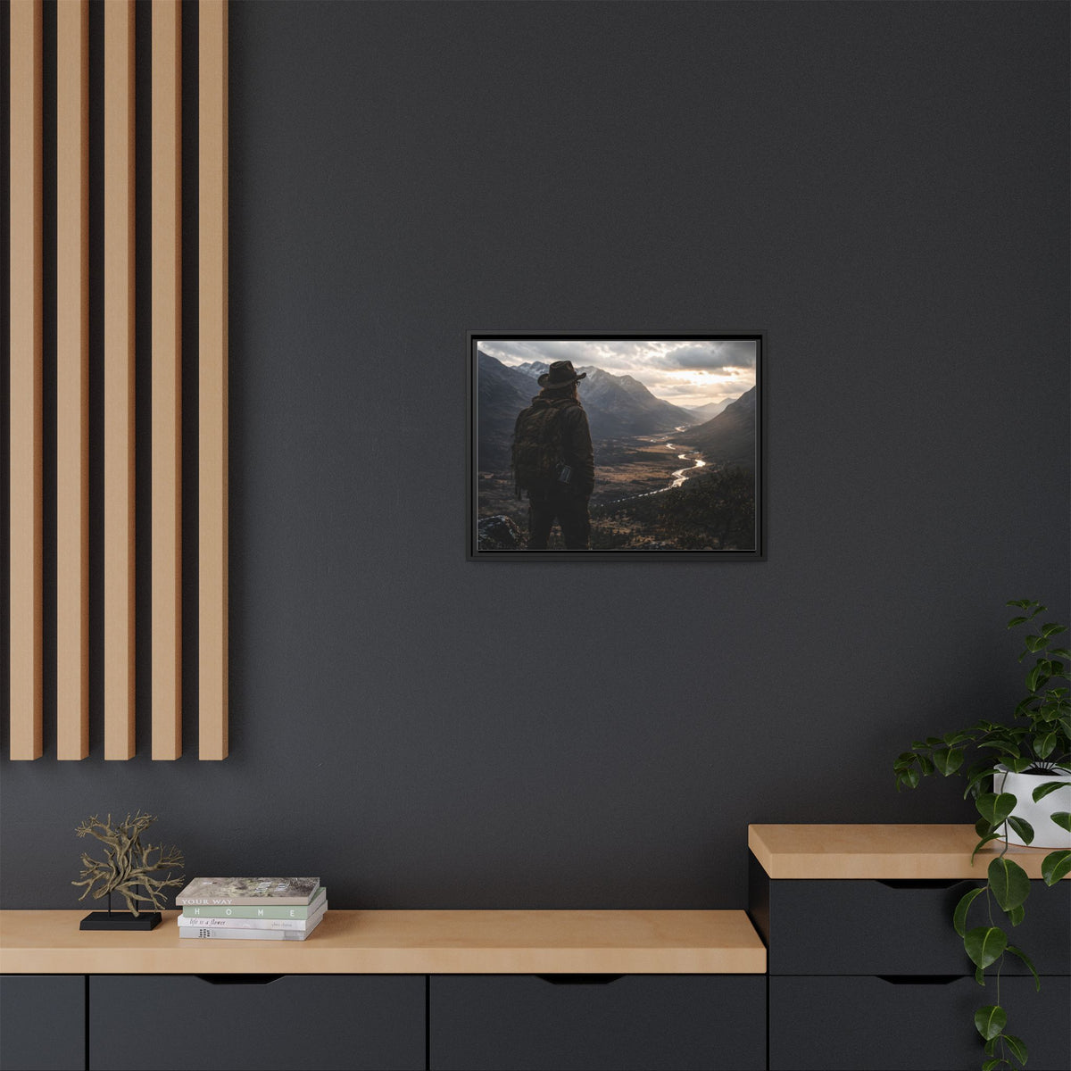 Wanderer in the Valley Matte Framed Canvas – Adventure Landscape Wall Art