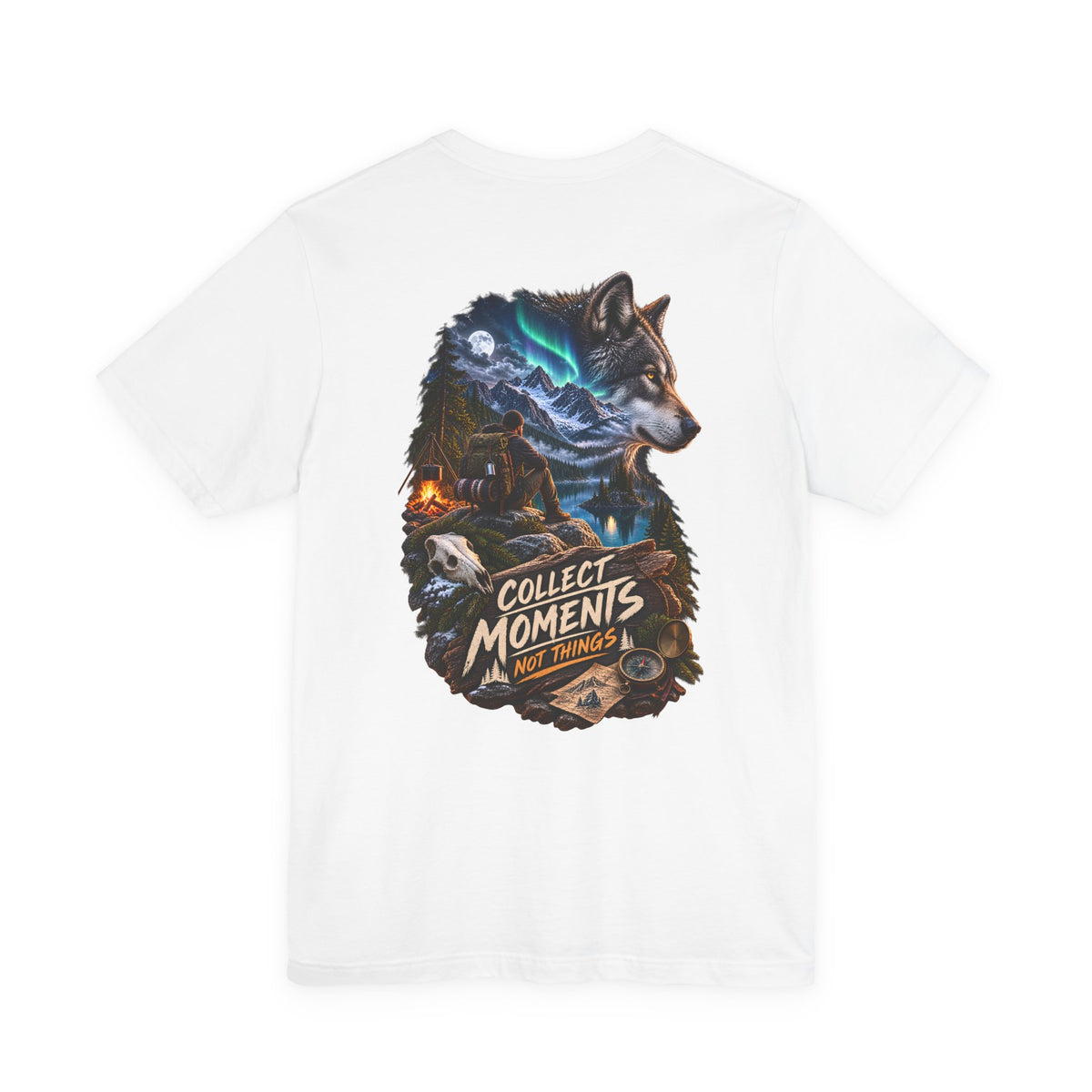 Wolf Graphic Tee – "Collect Moments Not Things" Adventure T-Shirt
