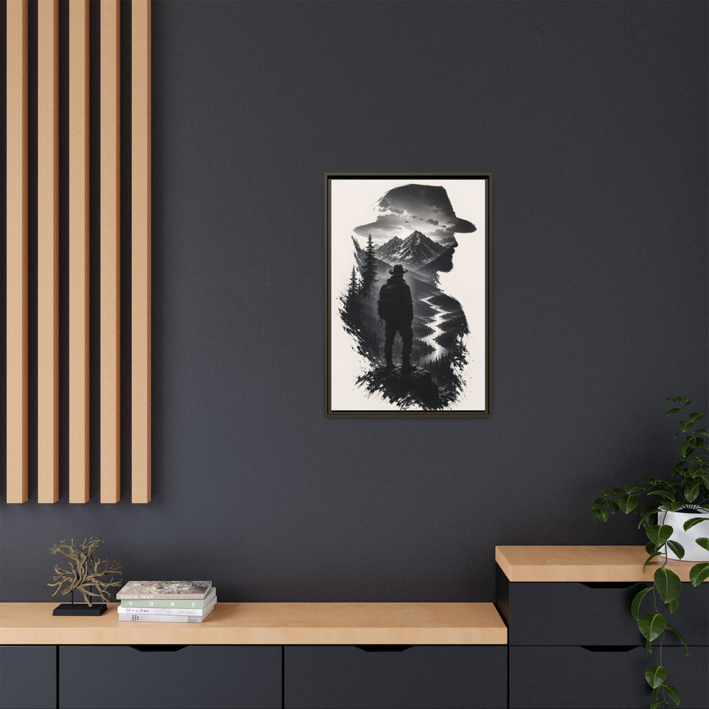 Adventure Silhouette Matte Canvas Framed Print — Mountain Hiker Double Exposure Wall Art