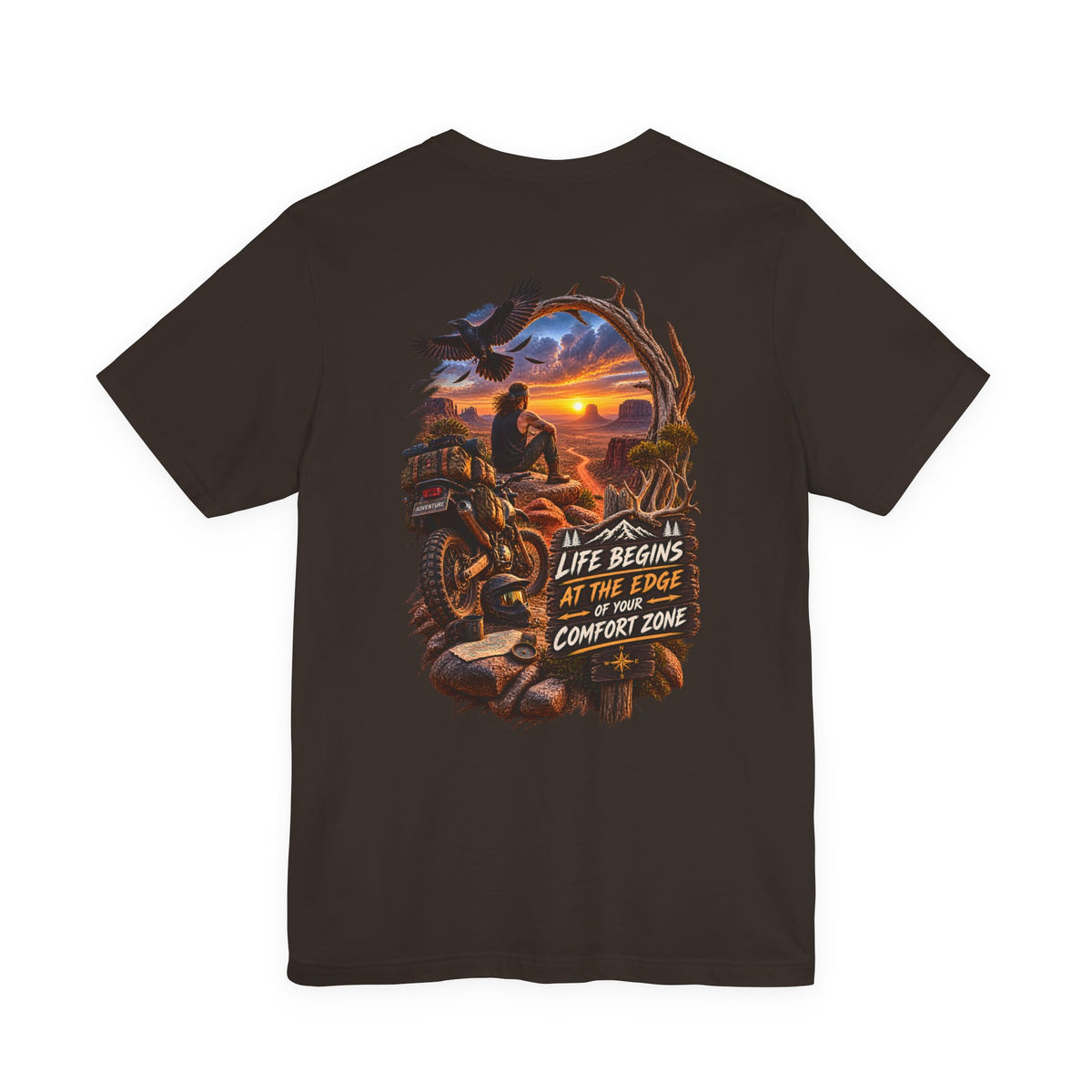 Adventure Motorcycle Tee — "Life Begins at the Edge of Your Comfort Zone"