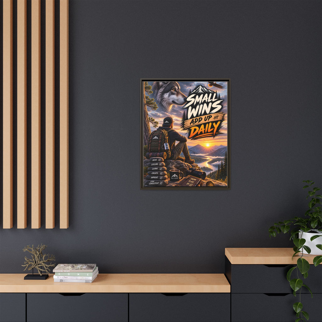 Small Wins Add Up Daily Framed Canvas Wall Art — Motivational Hiking Print