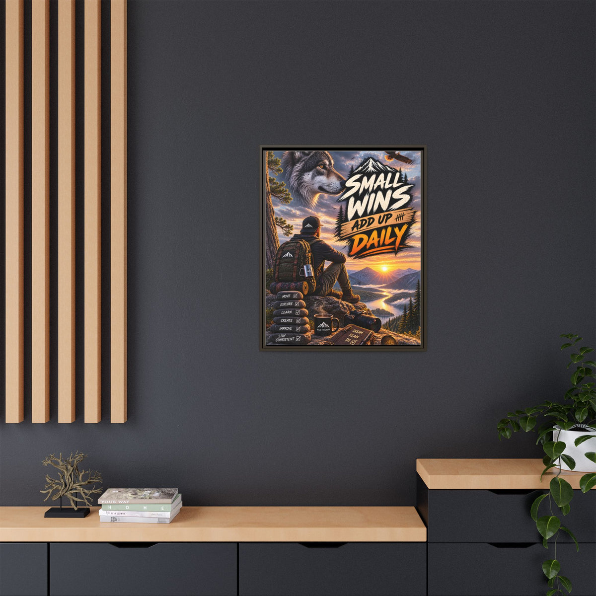 Small Wins Add Up Daily Framed Canvas Wall Art — Motivational Hiking Print