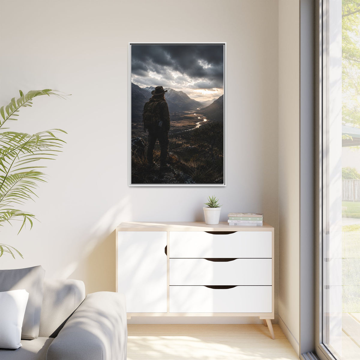 Wanderer in the Valley Matte Framed Canvas – Adventure Landscape Wall Art