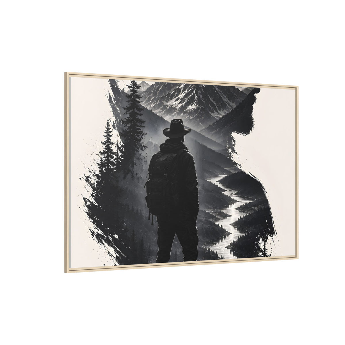 Adventure Silhouette Matte Canvas Framed Print — Mountain Hiker Double Exposure Wall Art