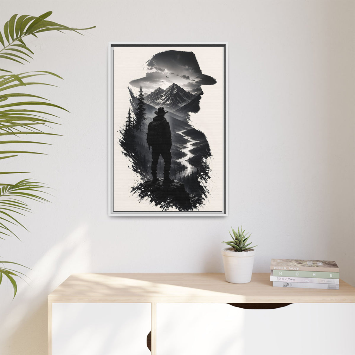 Adventure Silhouette Matte Canvas Framed Print — Mountain Hiker Double Exposure Wall Art