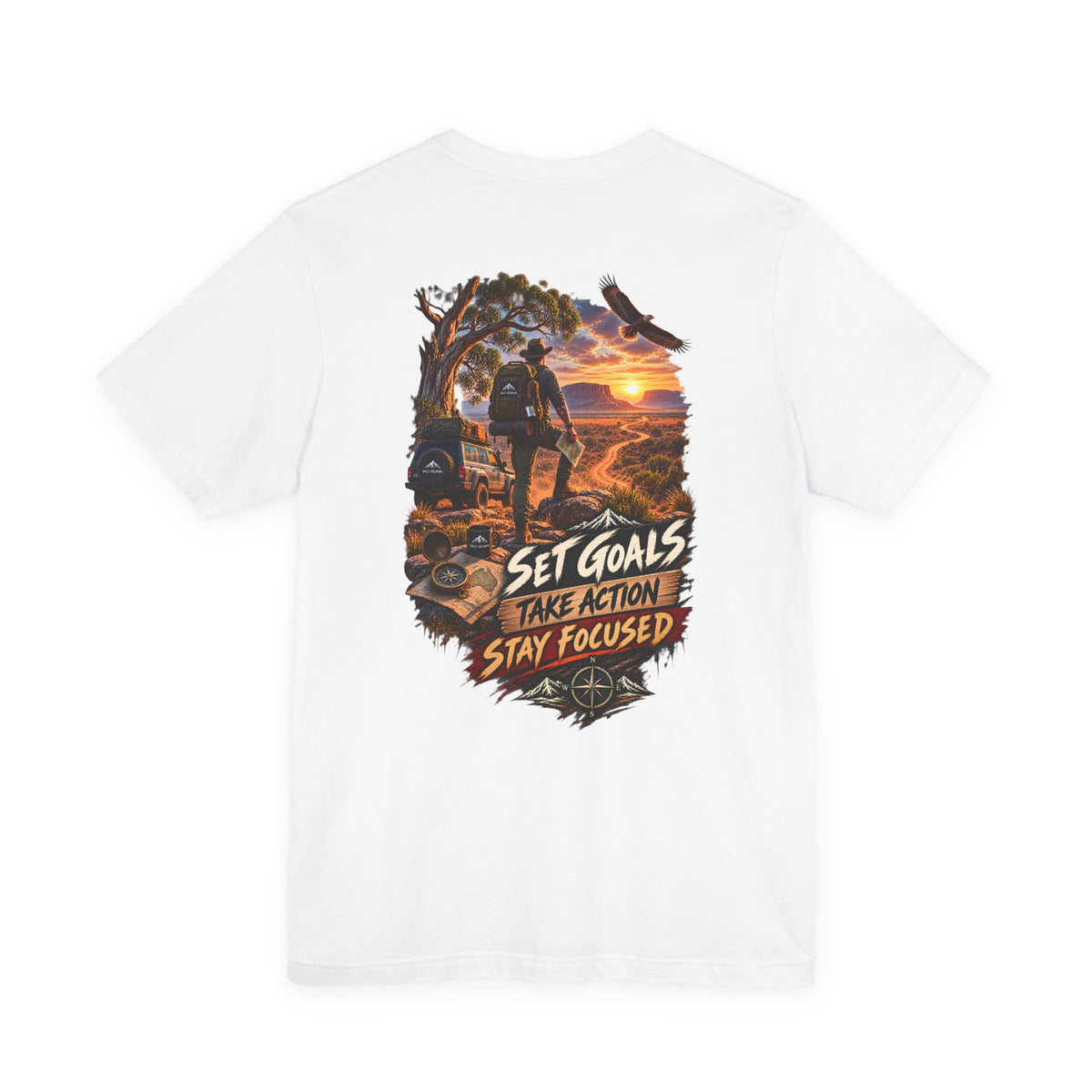 Motivational Hiking T‑Shirt — "Set Goals, Take Action, Stay Focused" Back Graphic