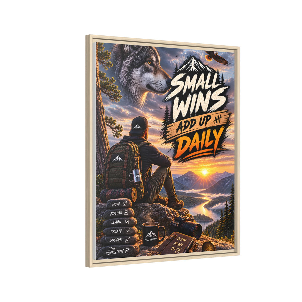 Small Wins Add Up Daily Framed Canvas Wall Art — Motivational Hiking Print