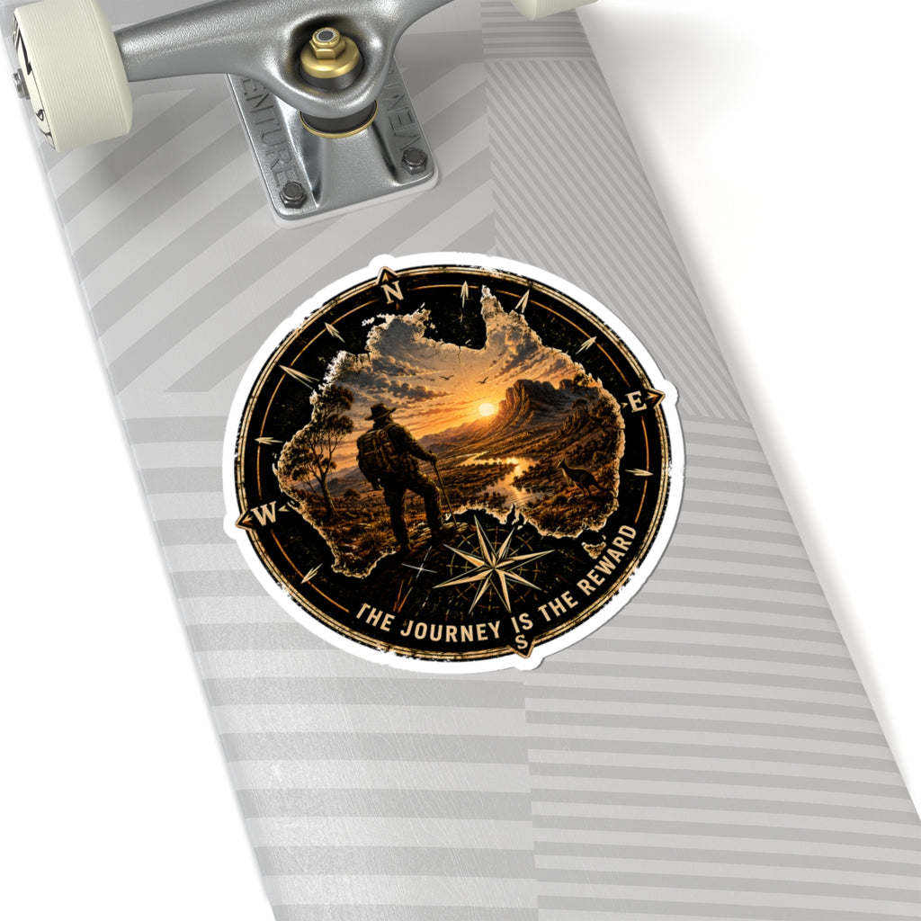 Adventure Compass Sticker — “The Journey Is The Reward” Outdoor Travel Kiss-Cut Decal