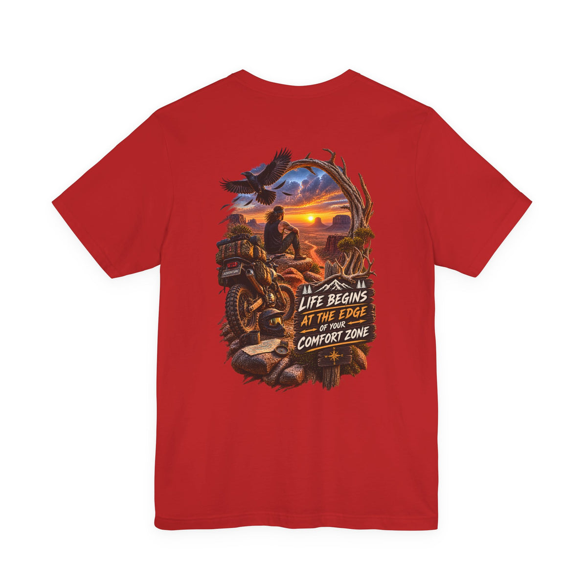 Adventure Motorcycle Tee — "Life Begins at the Edge of Your Comfort Zone"