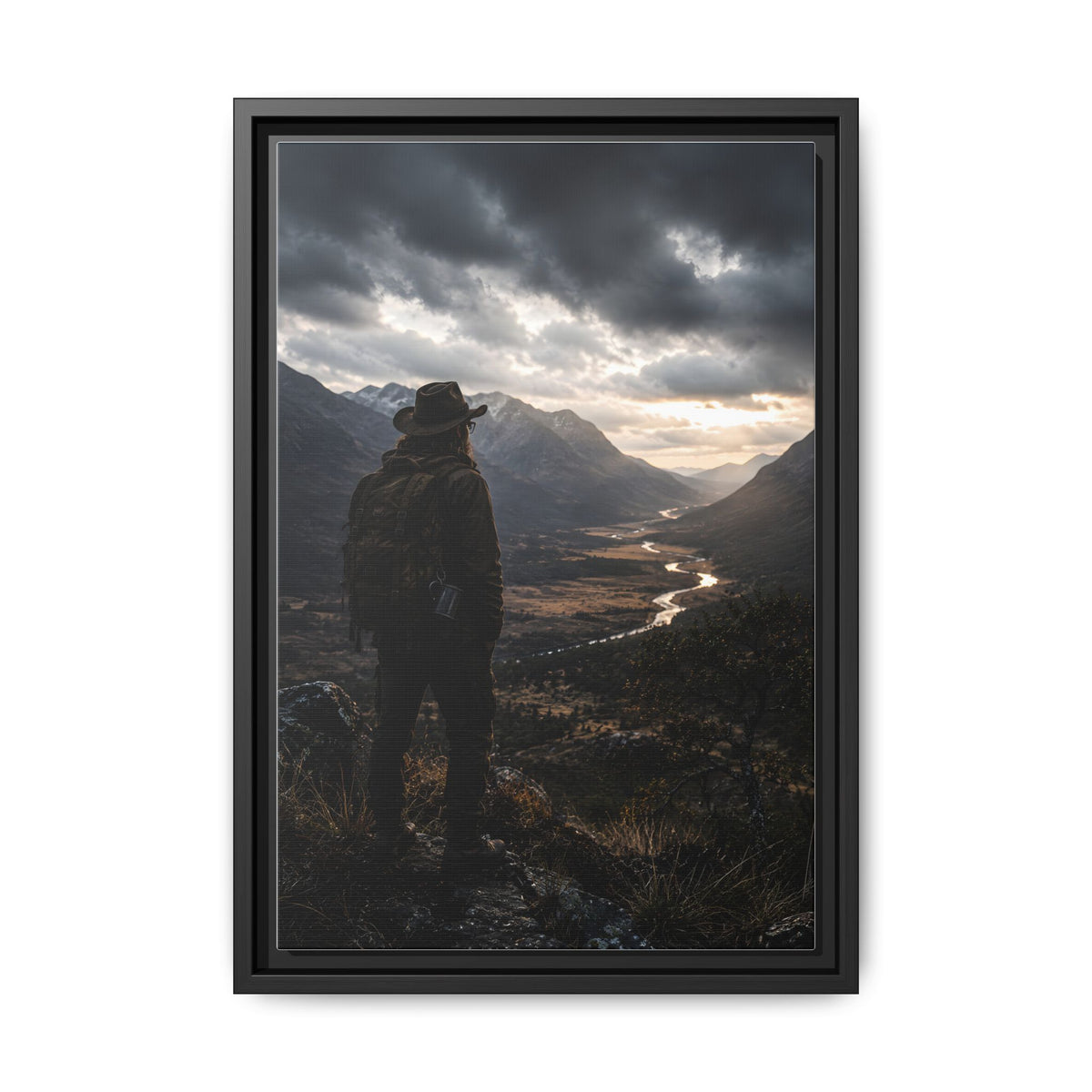 Wanderer in the Valley Matte Framed Canvas – Adventure Landscape Wall Art