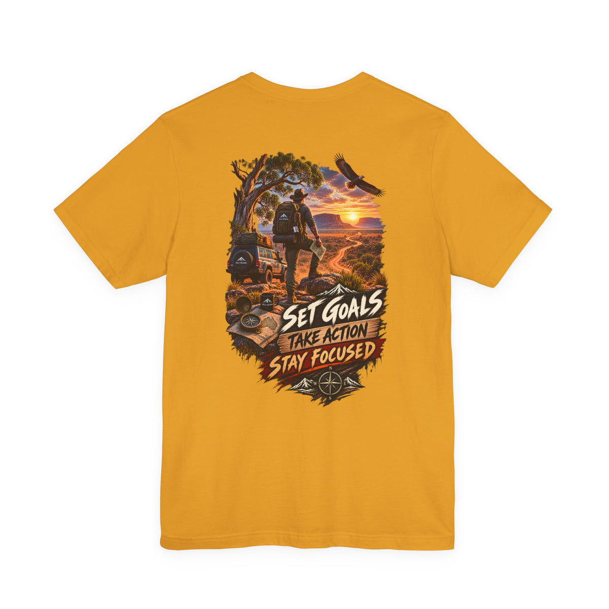Motivational Hiking T‑Shirt — "Set Goals, Take Action, Stay Focused" Back Graphic