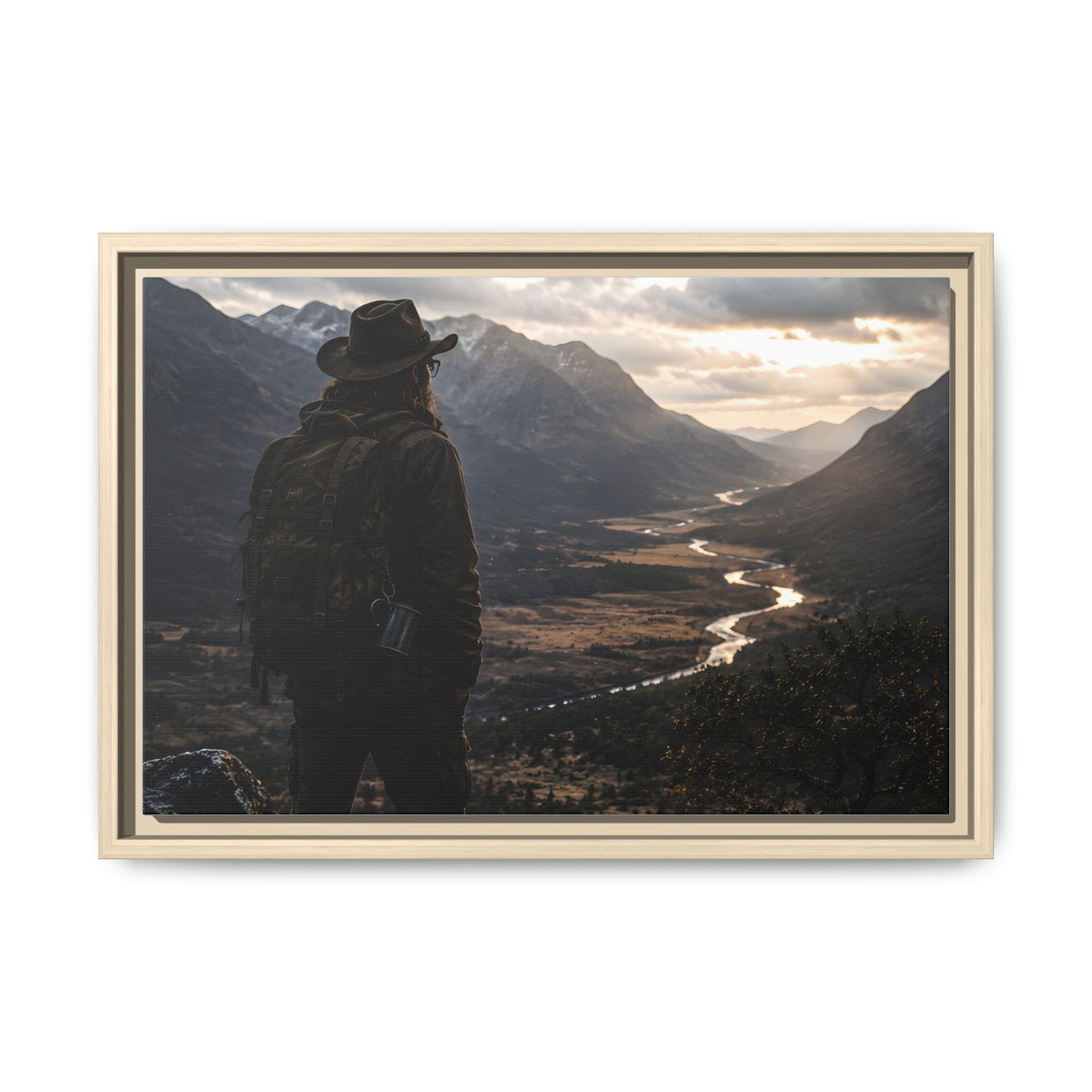 Wanderer in the Valley Matte Framed Canvas – Adventure Landscape Wall Art