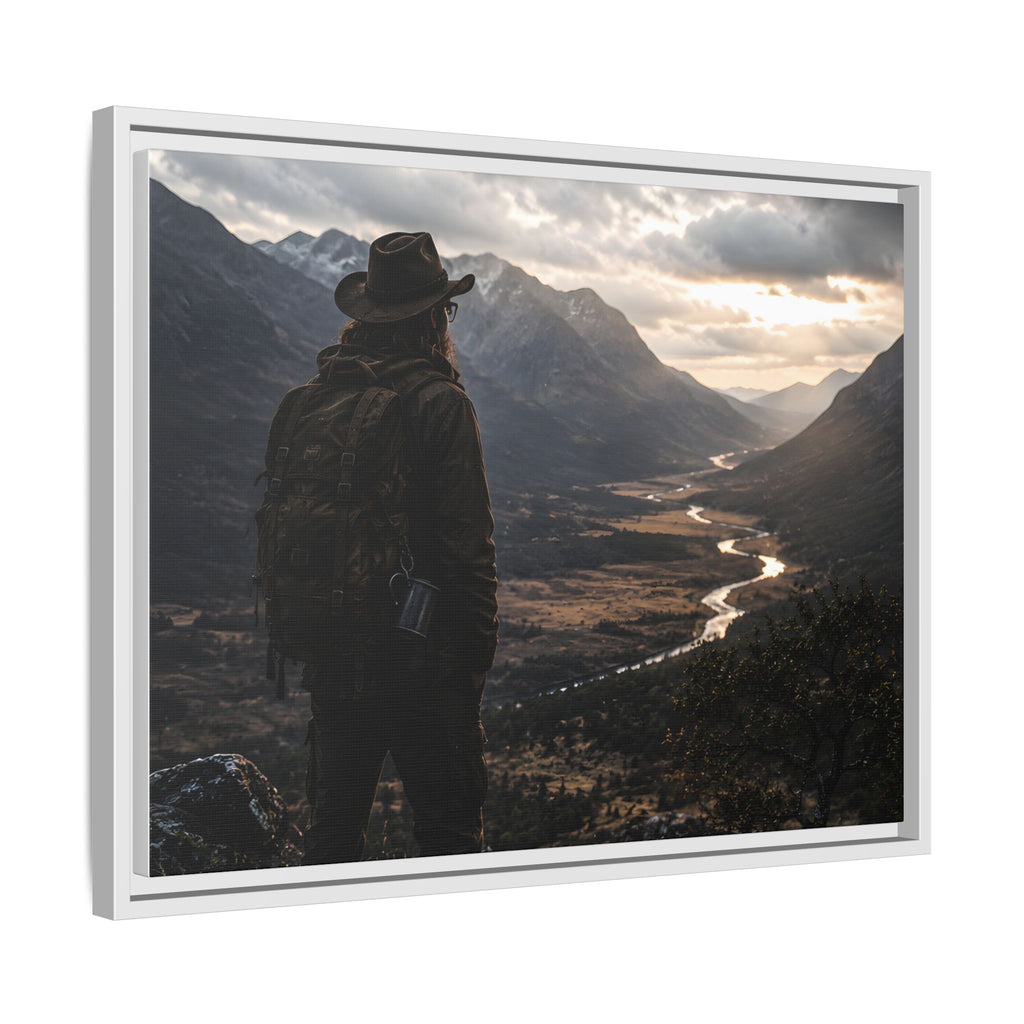 Wanderer in the Valley Matte Framed Canvas – Adventure Landscape Wall Art
