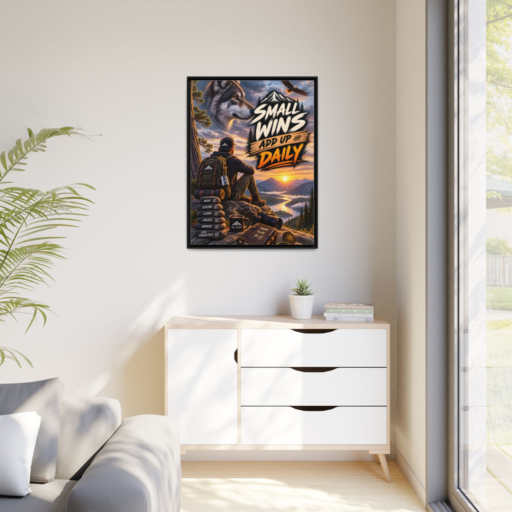 Small Wins Add Up Daily Framed Canvas Wall Art — Motivational Hiking Print