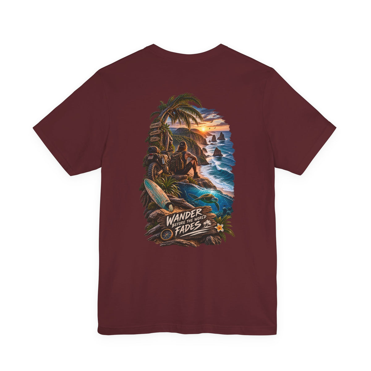 T-Shirt — "Wander Never Fades" Surf Sunset Graphic Tee