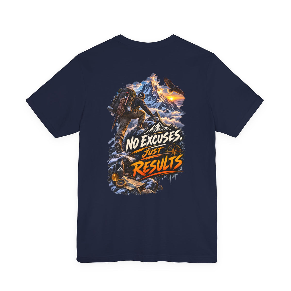 Motivational Climbing T-Shirt — "No Excuses, Just Results" Back Graphic