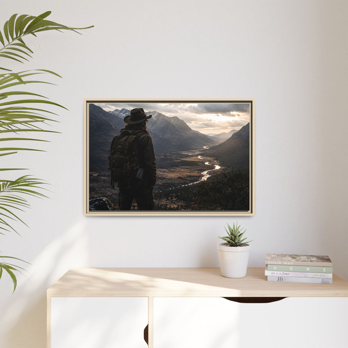 Wanderer in the Valley Matte Framed Canvas – Adventure Landscape Wall Art
