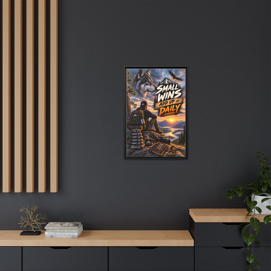 Small Wins Add Up Daily Framed Canvas Wall Art — Motivational Hiking Print