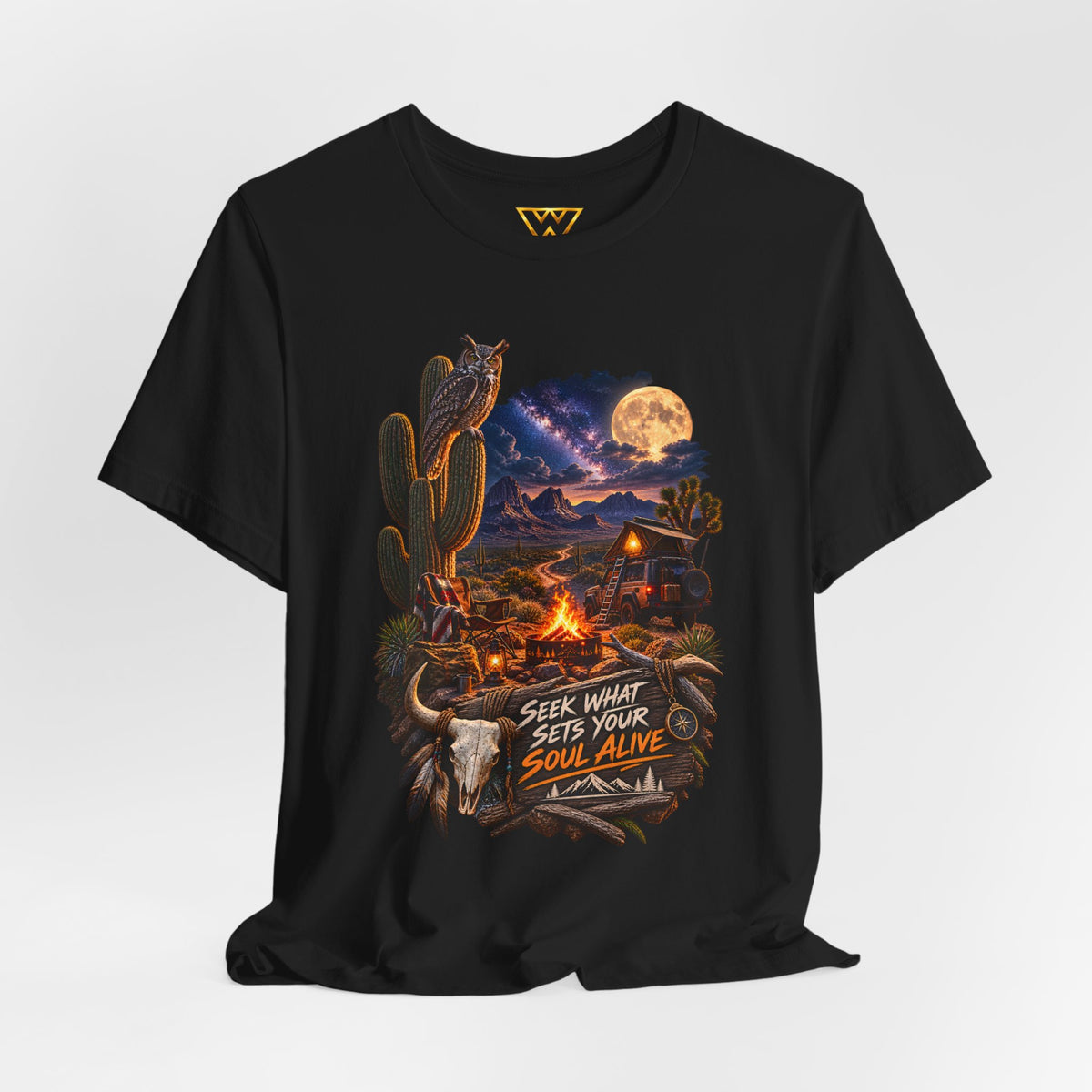 Campfire Desert Graphic Tee — "Seek What Sets Your Soul Alive"