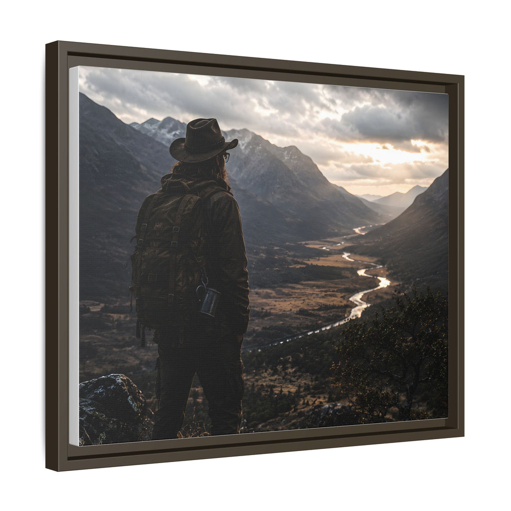 Wanderer in the Valley Matte Framed Canvas – Adventure Landscape Wall Art