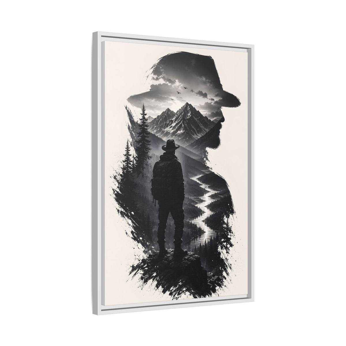Adventure Silhouette Matte Canvas Framed Print — Mountain Hiker Double Exposure Wall Art