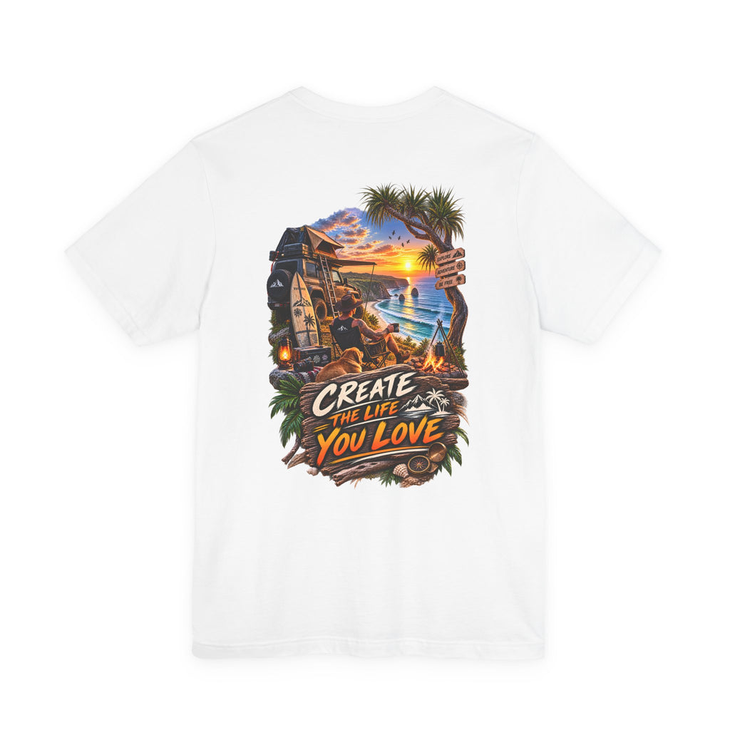 T-shirt « Create the Life You Love » — T-shirt graphique avec coucher de soleil et surf à la plage
