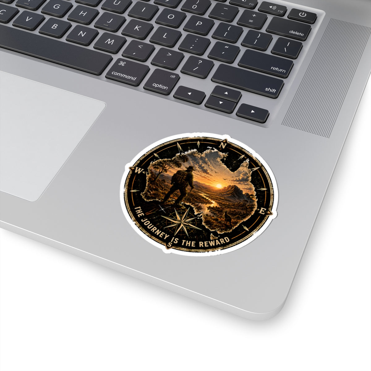 Adventure Compass Sticker — “The Journey Is The Reward” Outdoor Travel Kiss-Cut Decal