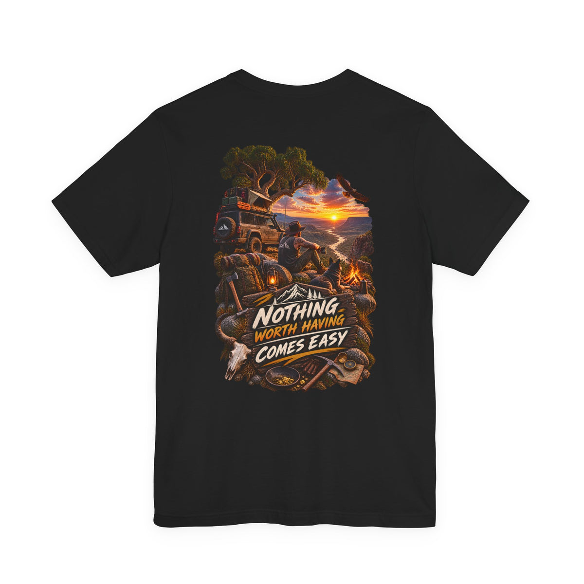 Adventure Tee — "Nothing Worth Having Comes Easy" Off-Road Sunset Graphic T-Shirt